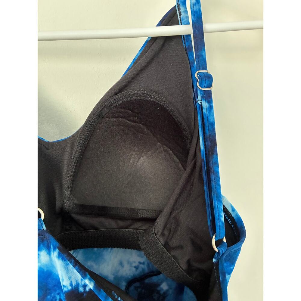 Aqua Green Blue Tie Dye Layered V-Neck Tankini Built In Shelf Bra Size L - Picture 8 of 11